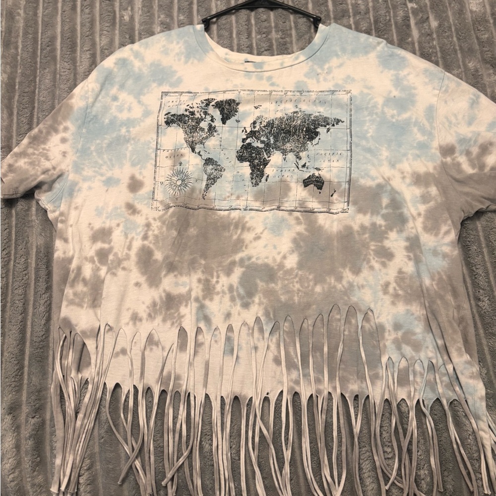 Forever 21 Blue and White Tie-Dye Fringe Top